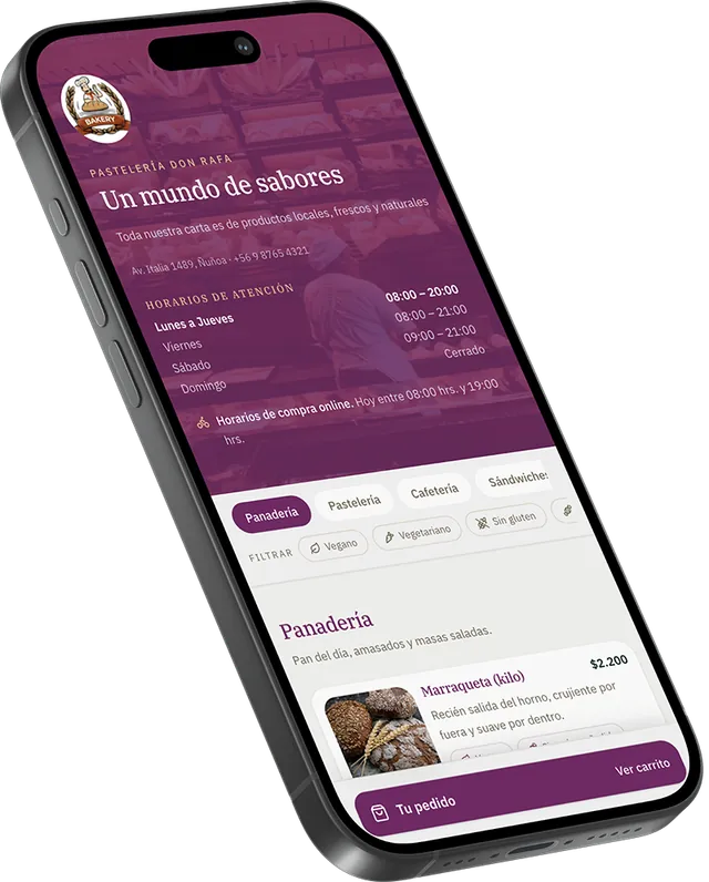 Carta online de Pastelería Santa Elena vista en un teléfono, con categorías, productos y carrito